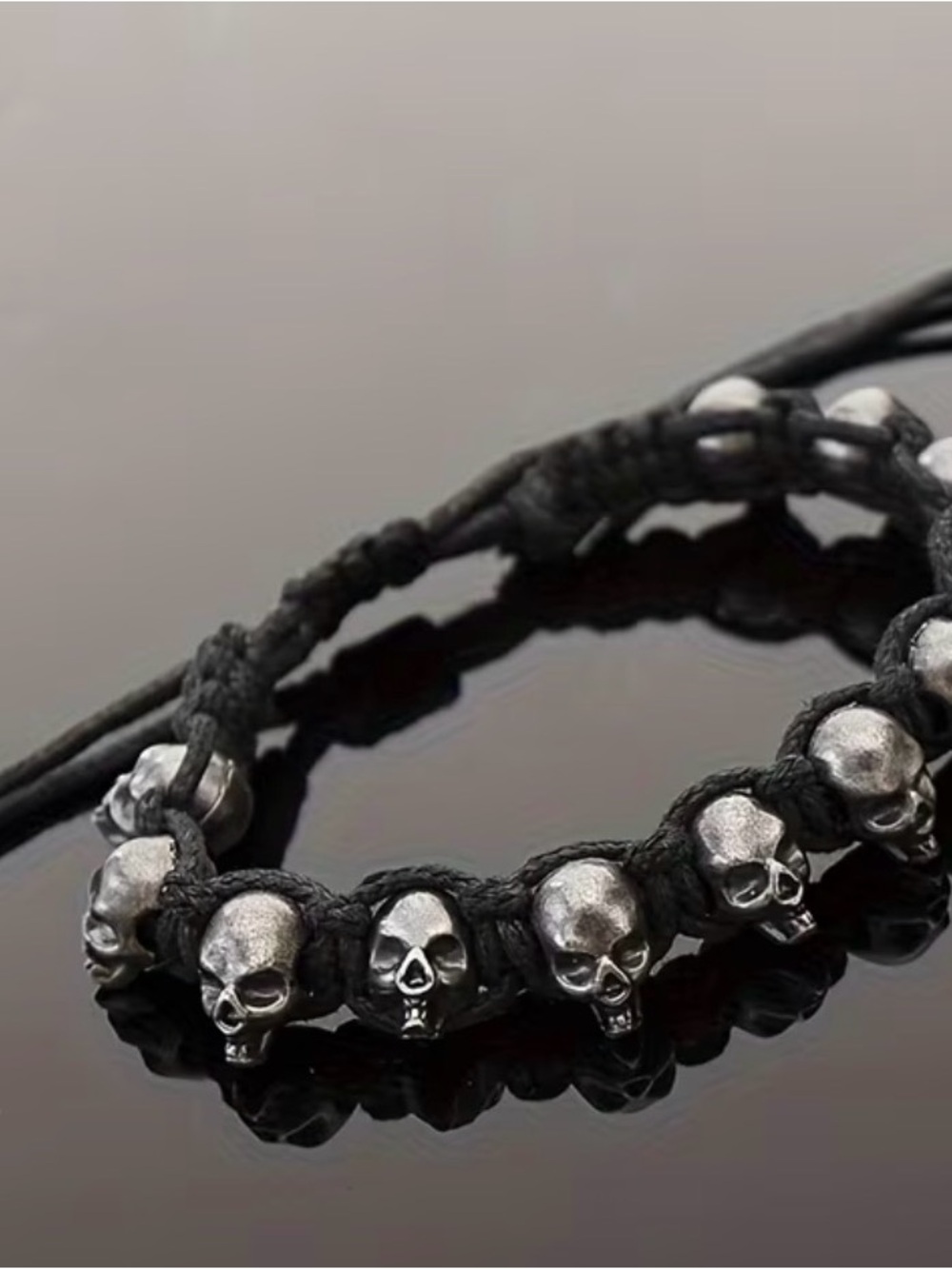 Skull Bead Macrame Bracelet in Black and Silver Alloy